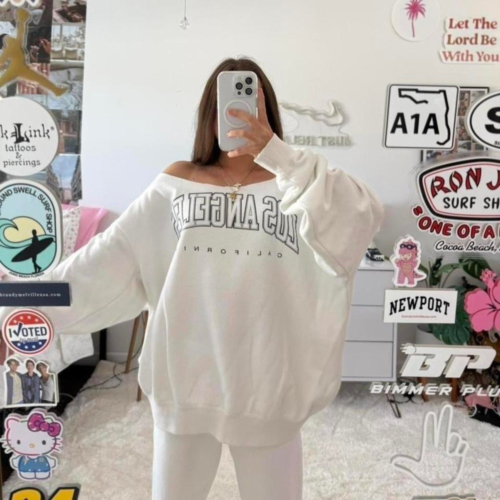 white Brandy‎ Melville Los Angeles off the shoulder crewneck sweatshirt